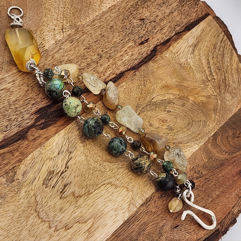 RAW CITRINE, AFRICAN TURQUOISE & CRYSTAL DANGLING HANDMADE BRACELET STERLING 6.5 - Picture 7 of 14